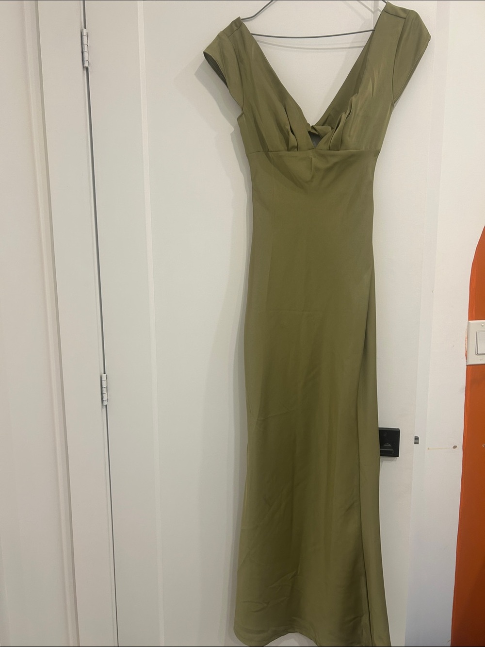 SHEIN Olive Green V-Neck Satin Evening Gown